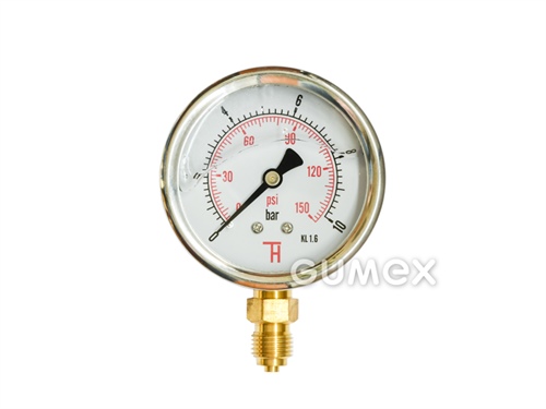 Manometr glycerinový se spodním vývodem, průměr 63mm, vnější závit G 1/4", 0-10bar, třída přesnosti 1,6%, průzor akryl, pouzdro nerezová ocel, -40°C/+60°C